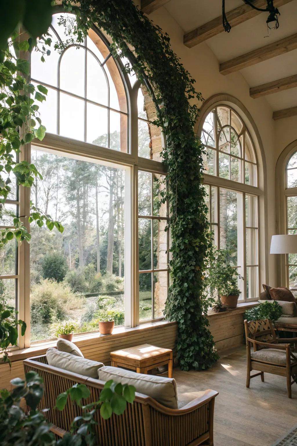 A nature-inspired living quarter features tendrils cascading on arched windows, creating an inviting and refreshing atmosphere.