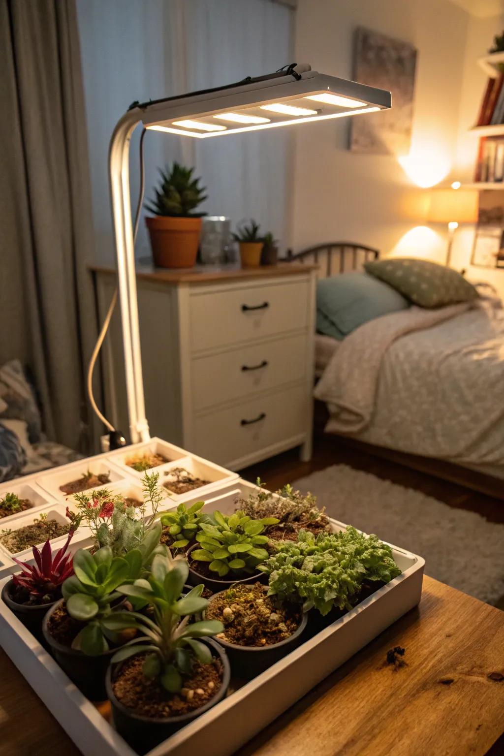 Under-bed grow lights adding an enchanted touch to a bedroom.