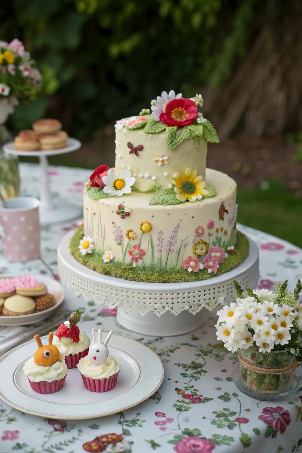 A garden-inspired cake featuring enchanting floral decorations.