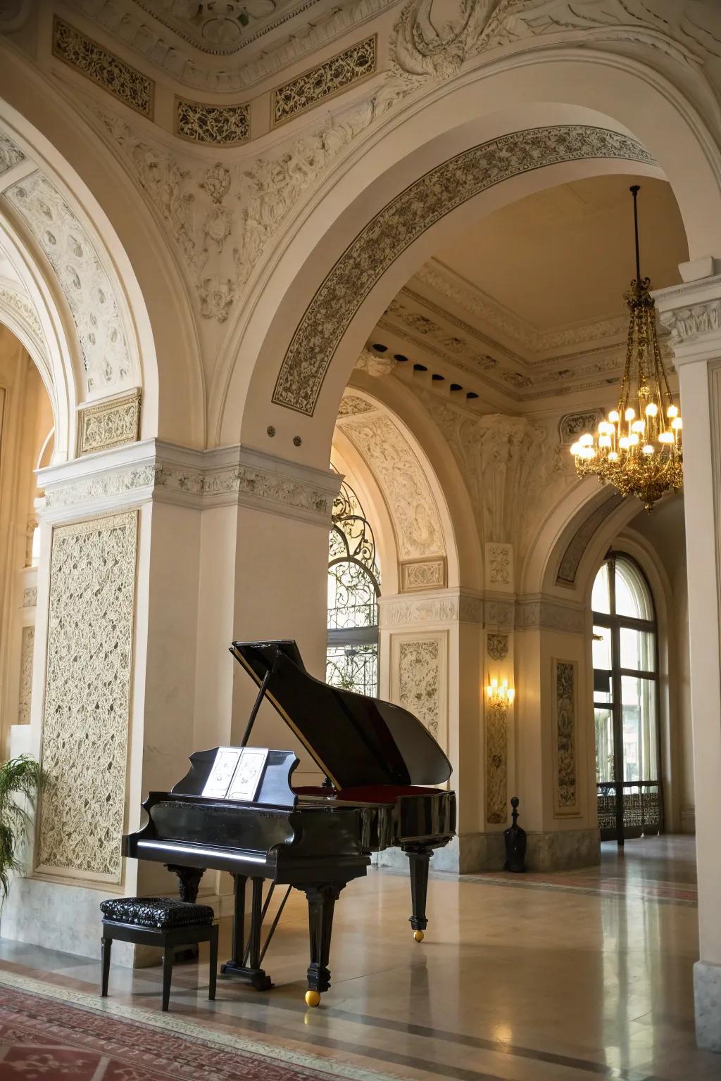 Architectural attributes beautifully complement the piano setting.