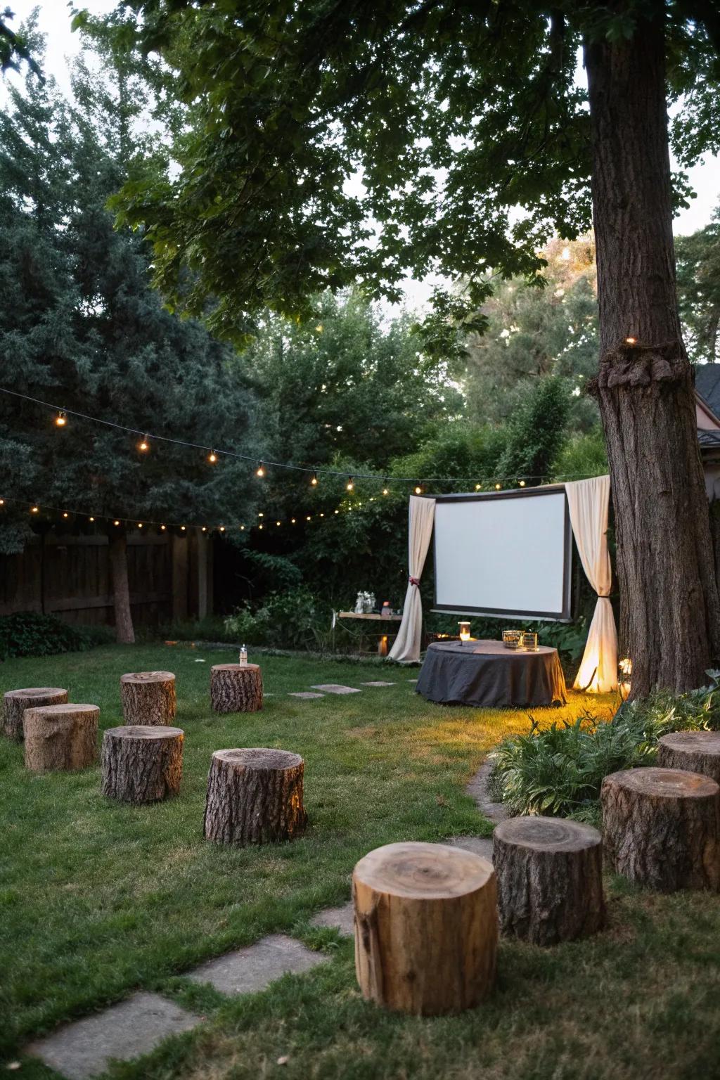 Tree trunk seats contribute an earthy and natural element to your film evening.