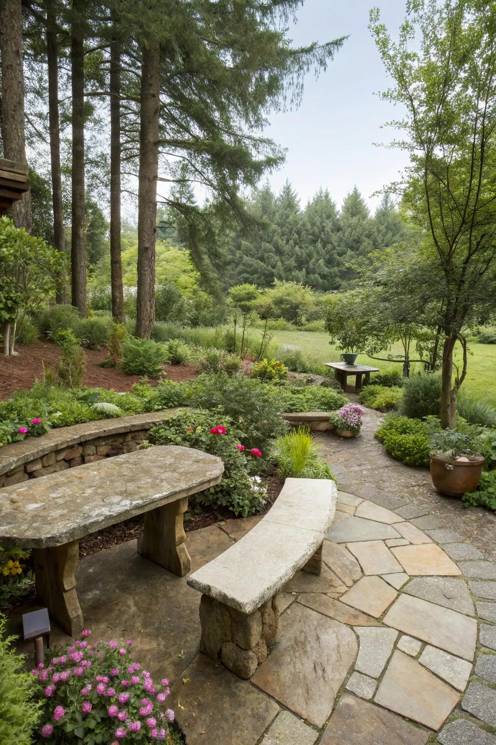 Native stone seating blends with the outdoor environment.