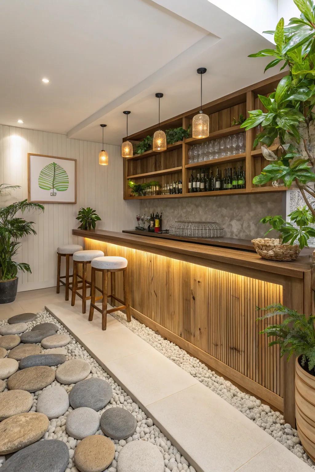 Zen retreat provides tranquility and balance with natural elements.