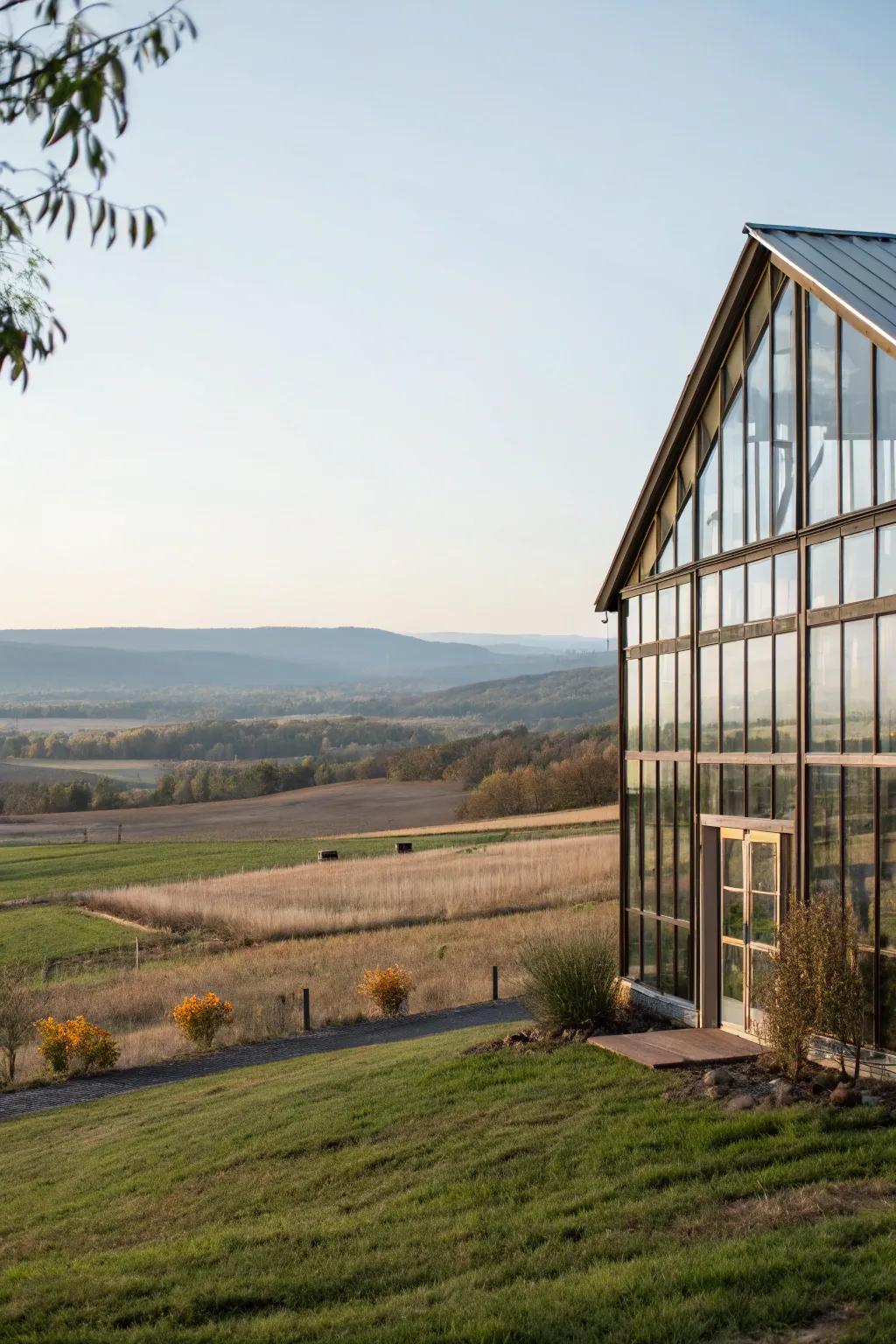 A barn features glass elements that blend indoor elegance with outdoor beauty.