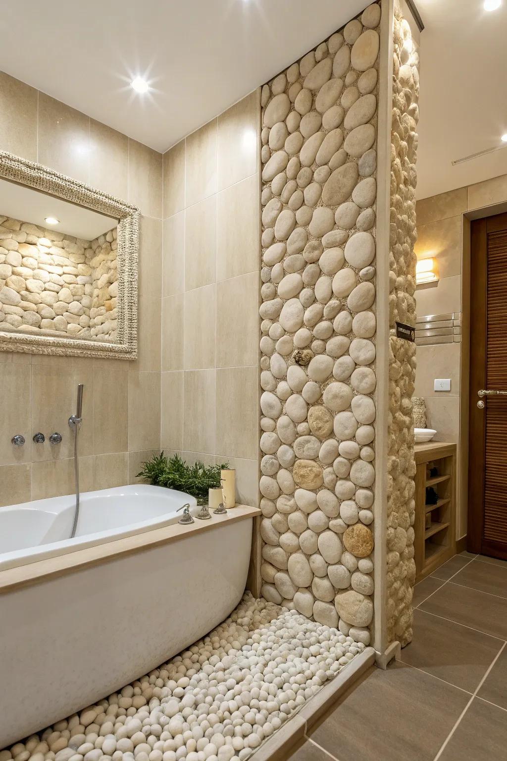 Pebble walls introduce natural texture and a spa-like ambiance.
