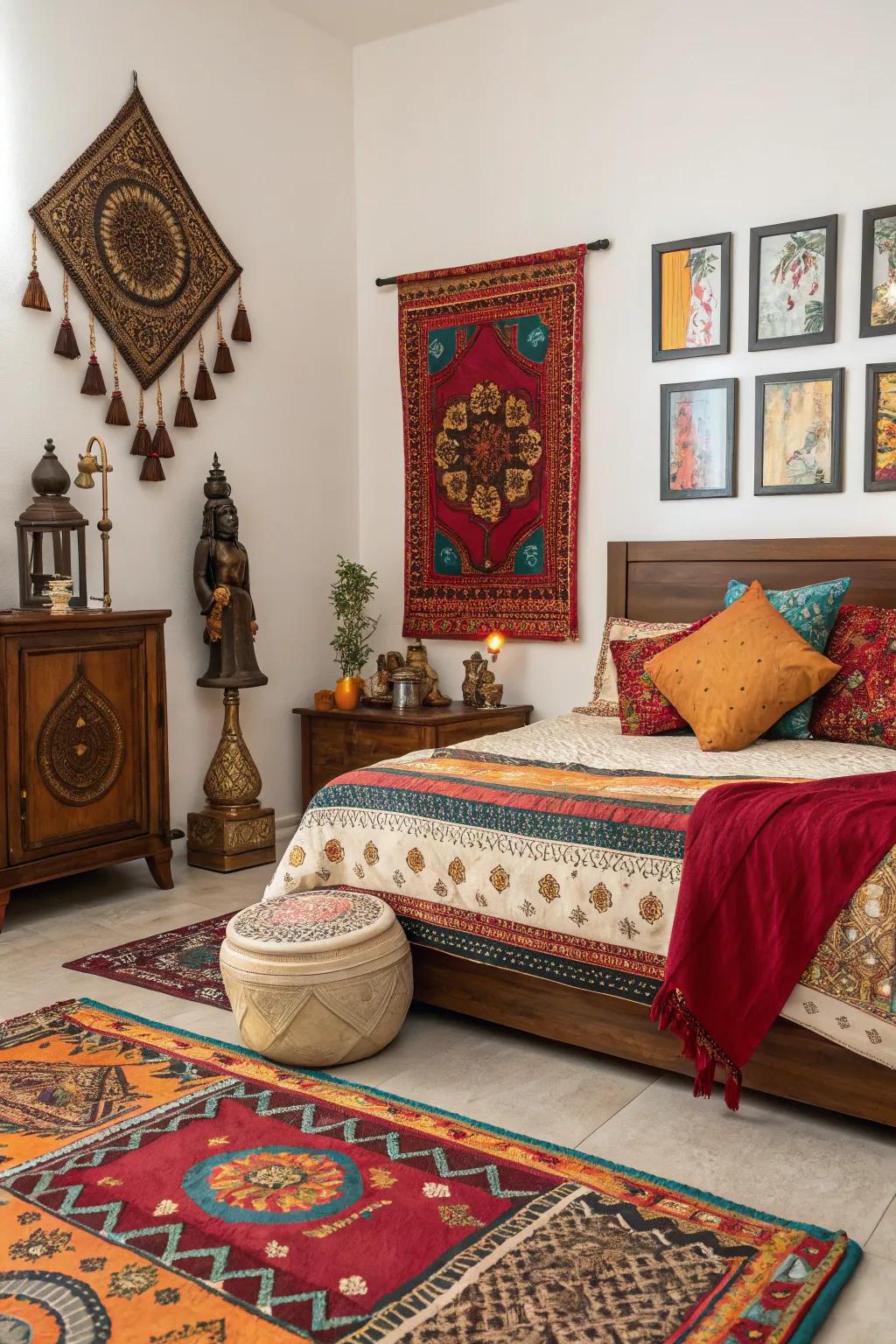Cultural components introduce depth and uniqueness to the bedroom's decor.