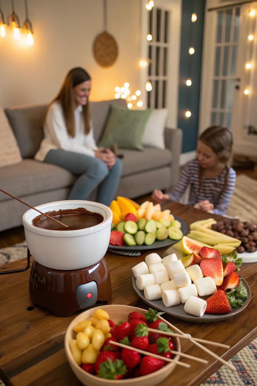 A DIY chocolate fondue station adds a fun and sweet touch to your celebration.