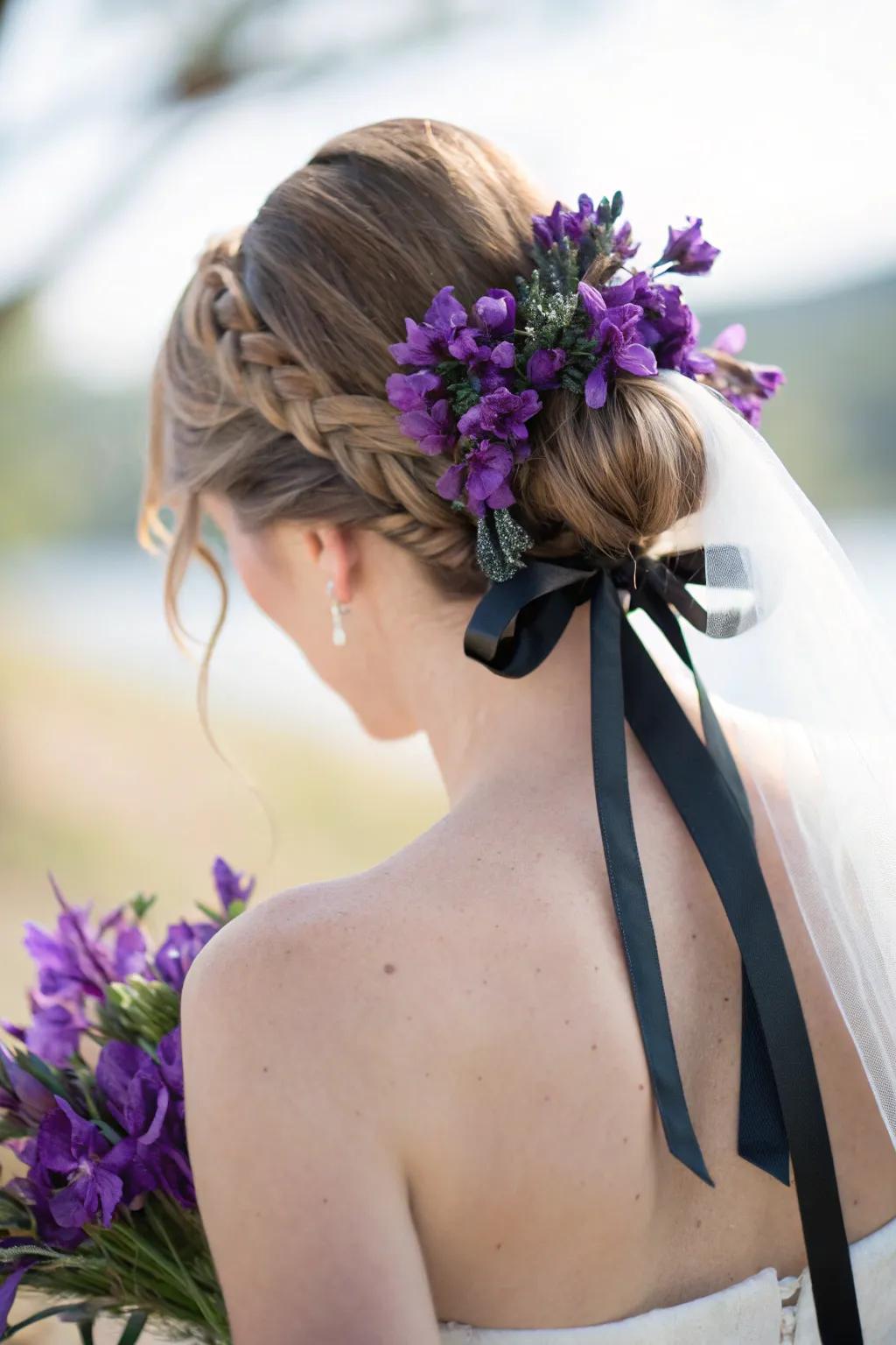 Stylish bridal hair featuring violet flowers and dark ribbon.