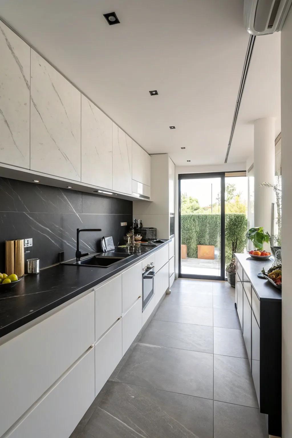 Minimalist design with ebony countertops for simplicity.