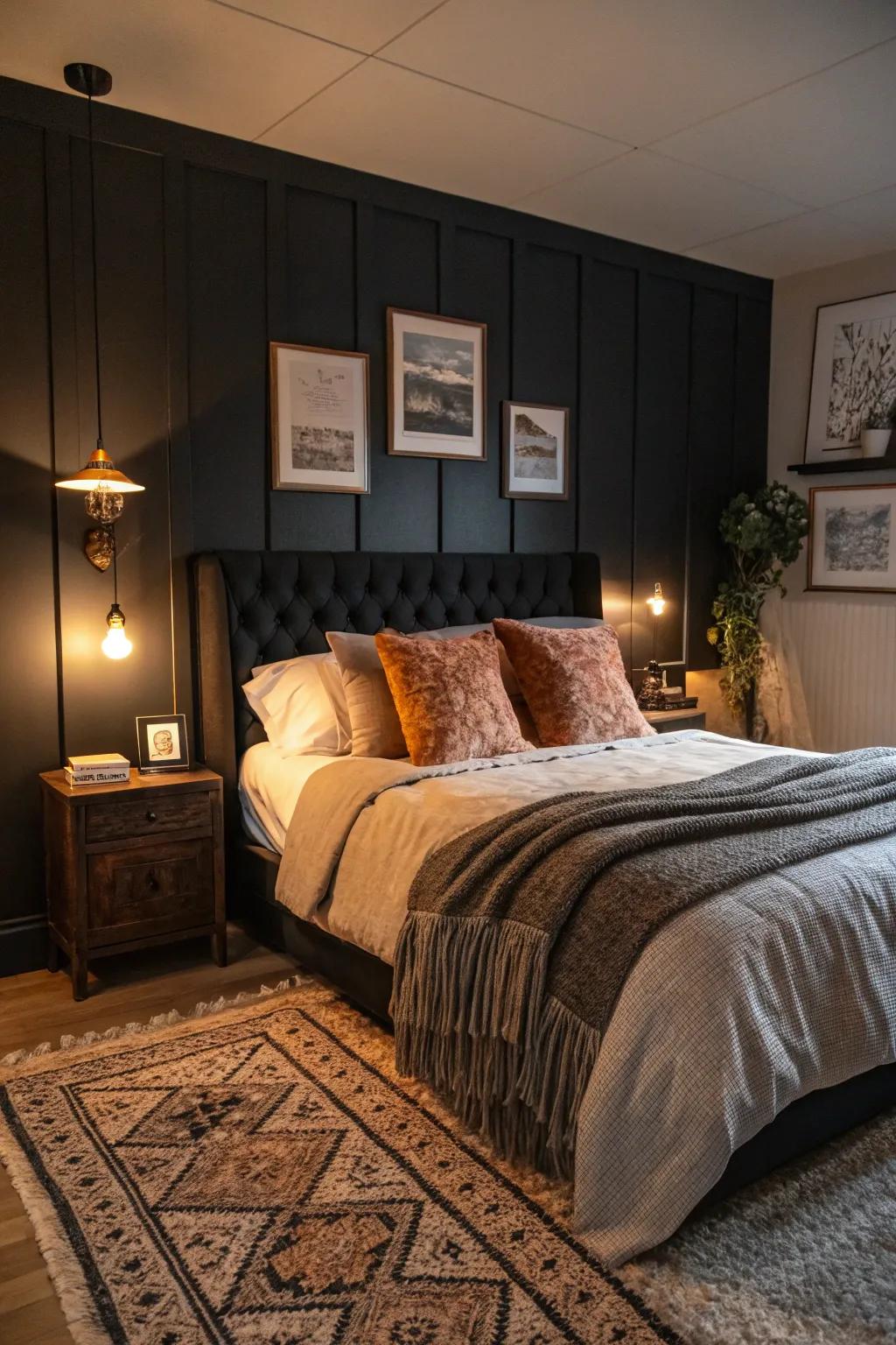 Dramatic bedroom featuring dark walls and a dark headboard