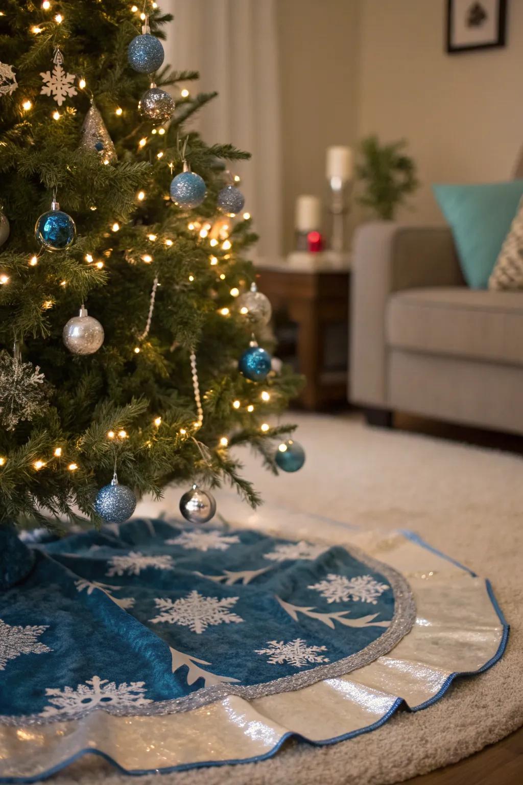 A polished base in blue and argent for the Christmas evergreen