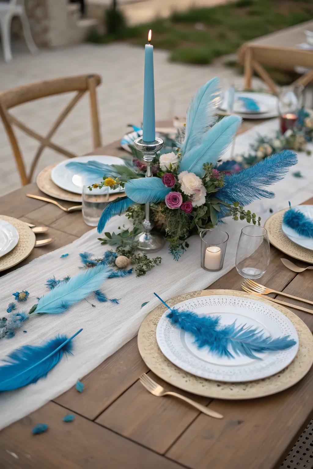 A dining table with an unexpected azure centerpiece.