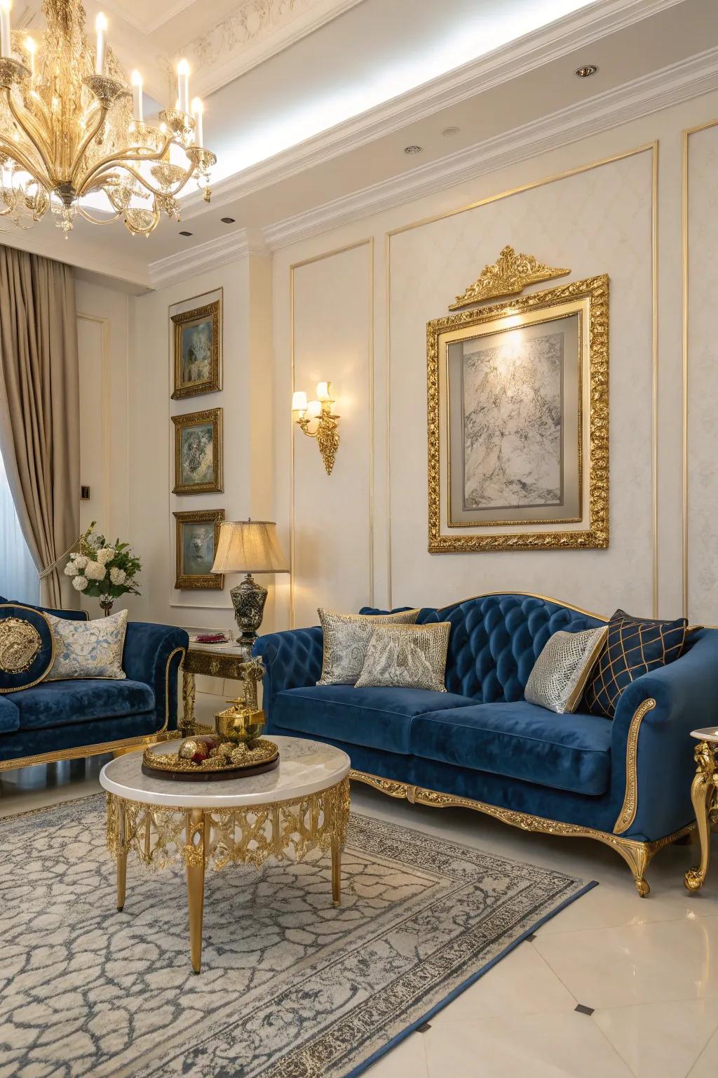 Blue and gilded highlights craft an elegant and sophisticated atmosphere in this luxurious living room.