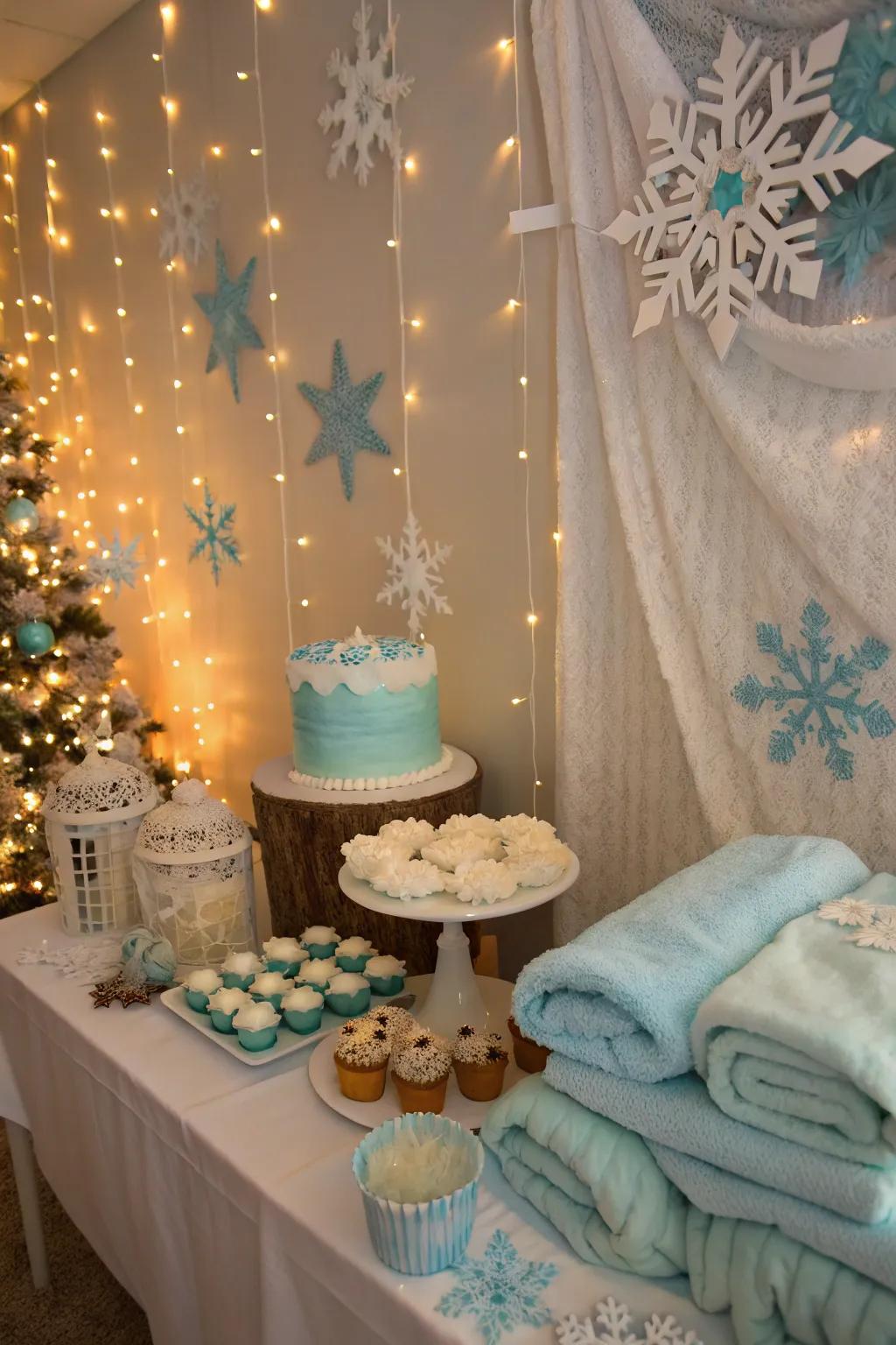 A winter-themed baby shower featuring cool and cozy decorations