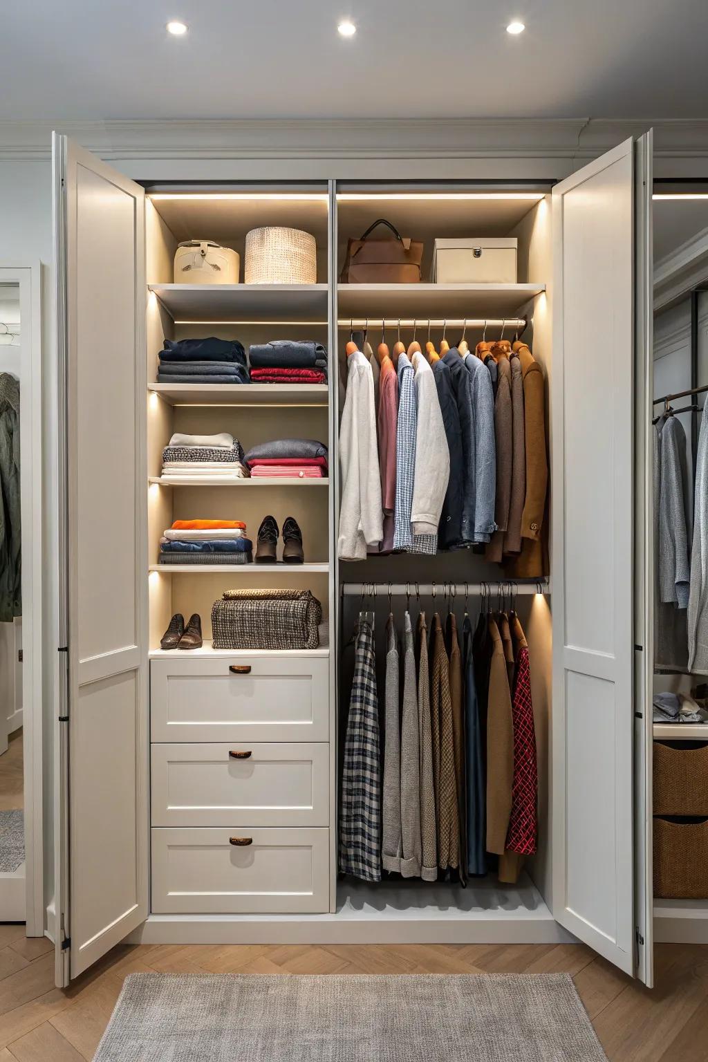 A wardrobe systematized seasonally, thus furthering practicality and ease of utilization.