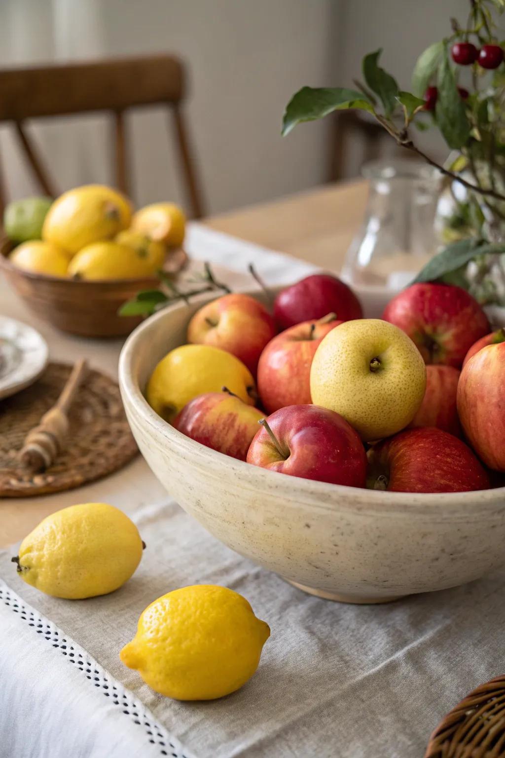 Seasonal fruits present a newly-picked and vibrant centerpiece choice.