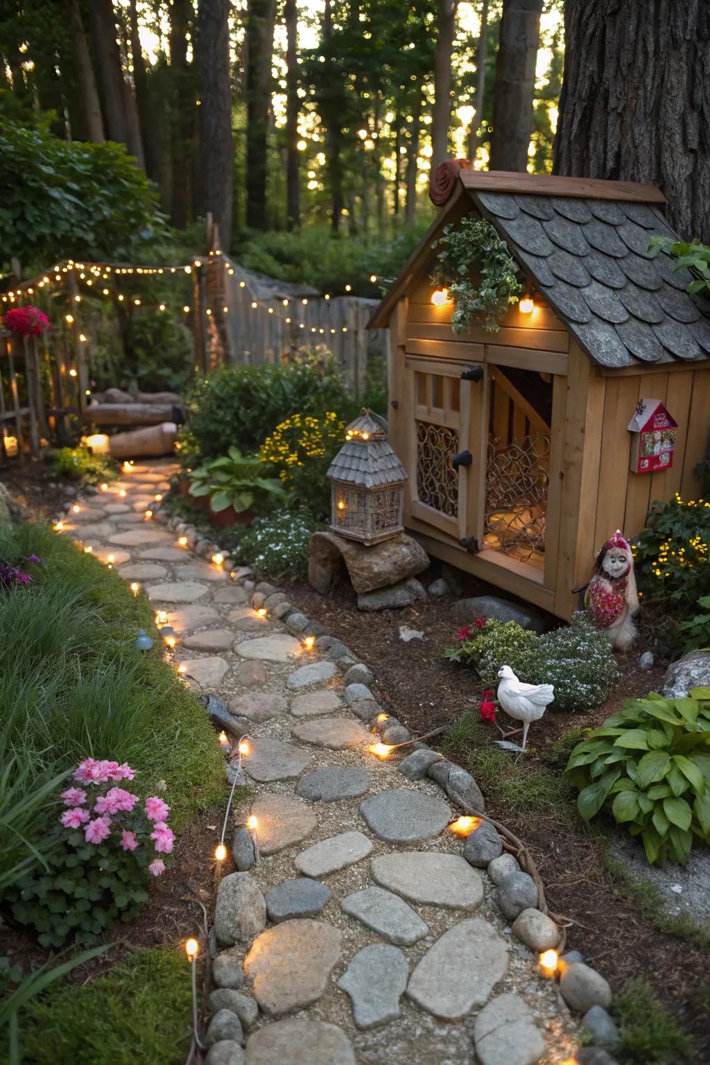 A pixie patch walkway incorporates whimsy and magic to the coop entrance.