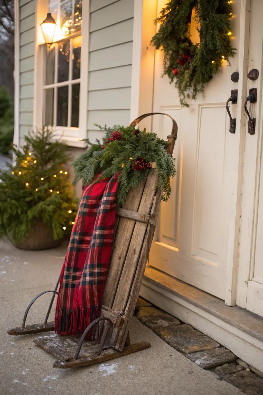 A retro sled conveys nostalgic allure to this Christmas doorway.