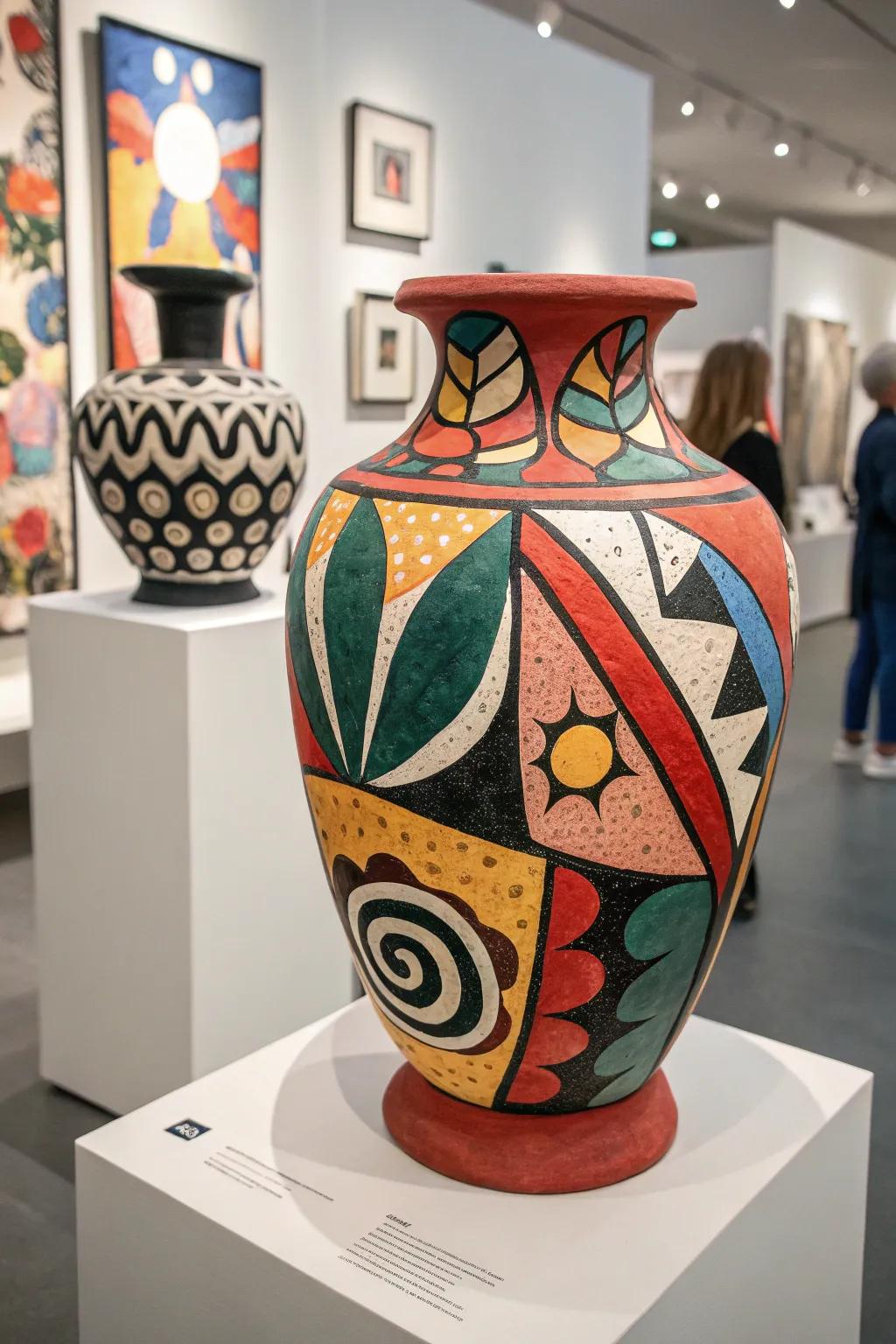 An earthenware flower holder that features abstract artistry, serving as a bold centerpiece within any aesthetic.