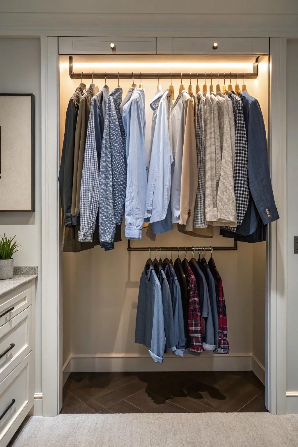 Hidden hangers offer a sleek and minimalistic closet design.