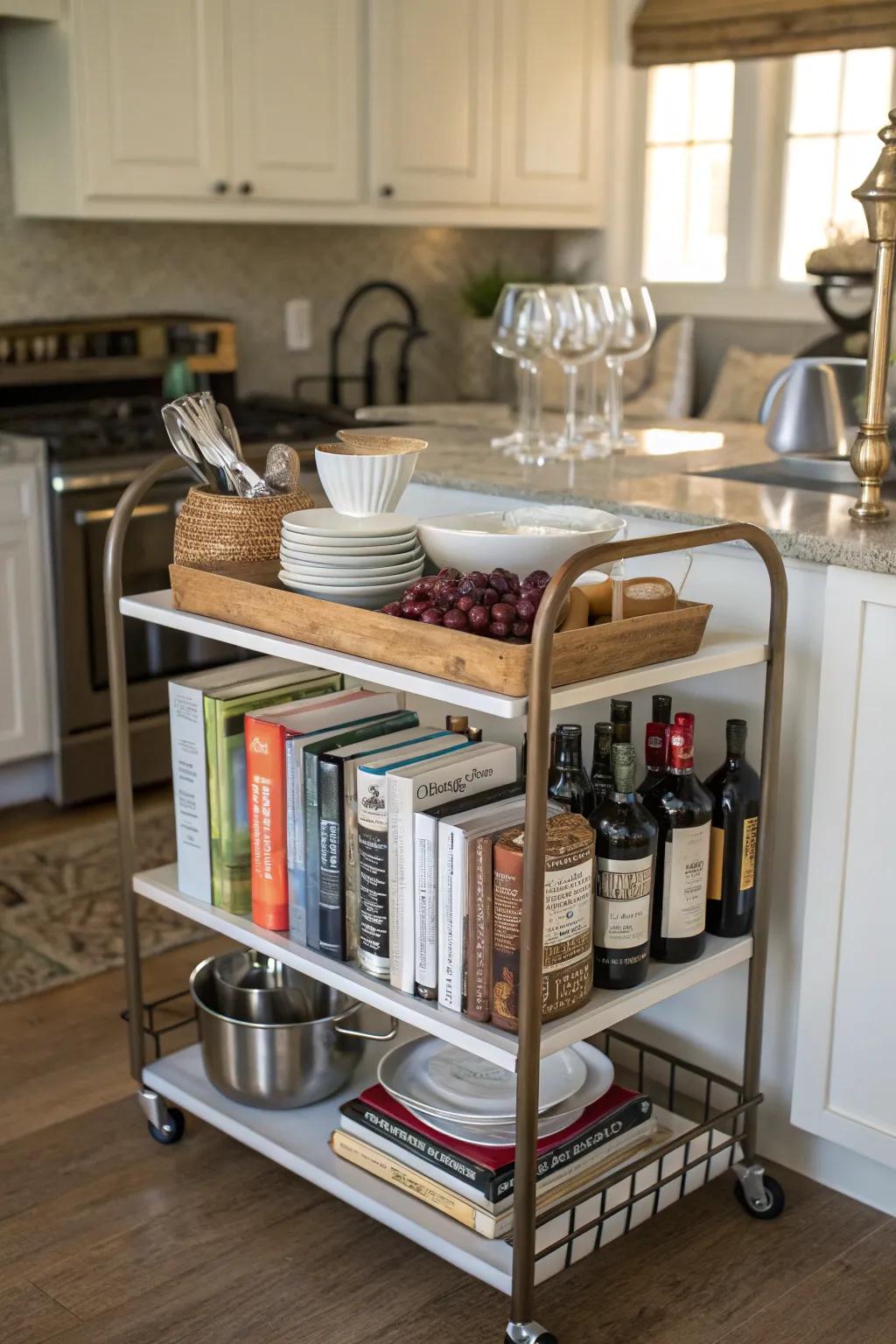 A beverage cart becomes a mobile library for your cookbooks.