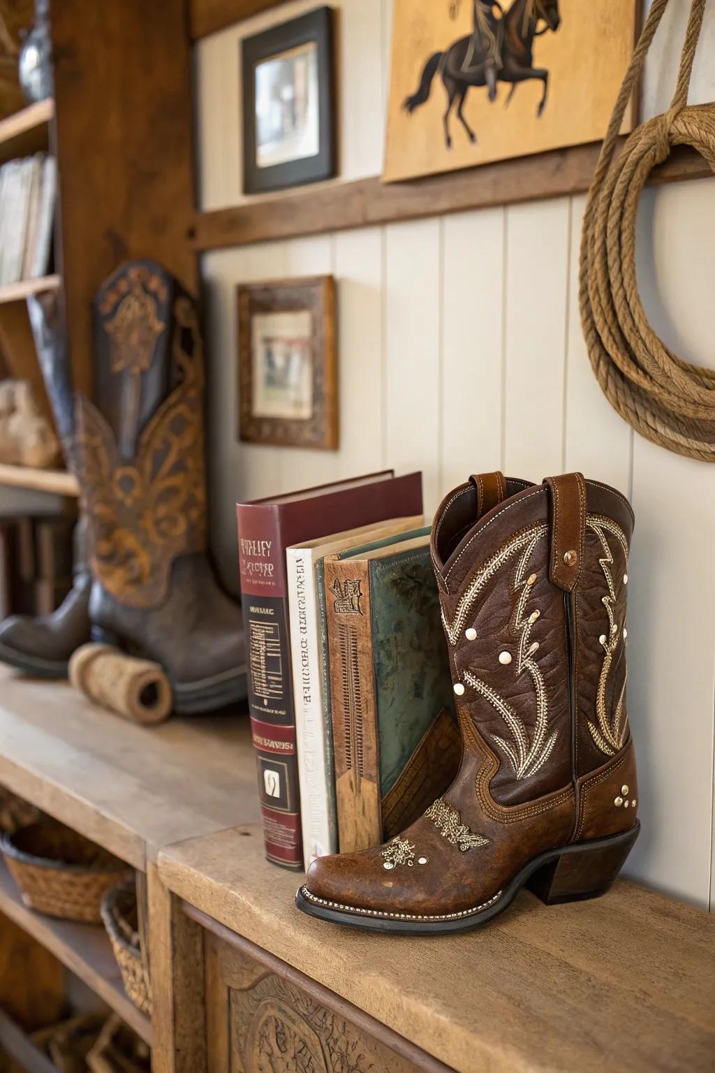 Cowgirl boot bookends add whimsy and function.