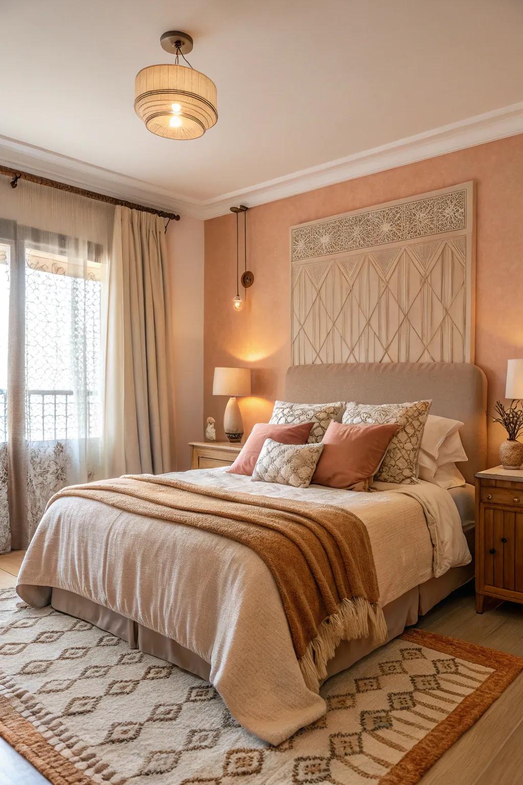 A bedroom intermixing blush tints with light brown for a cozy and enticing retreat.