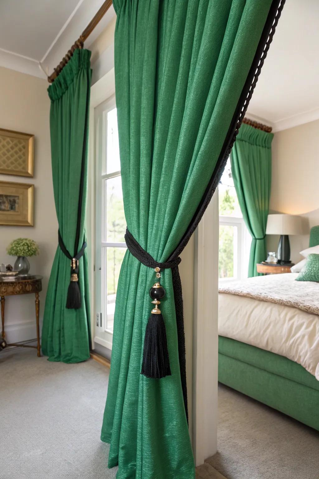 Green curtains with black tiebacks create a dramatic look.
