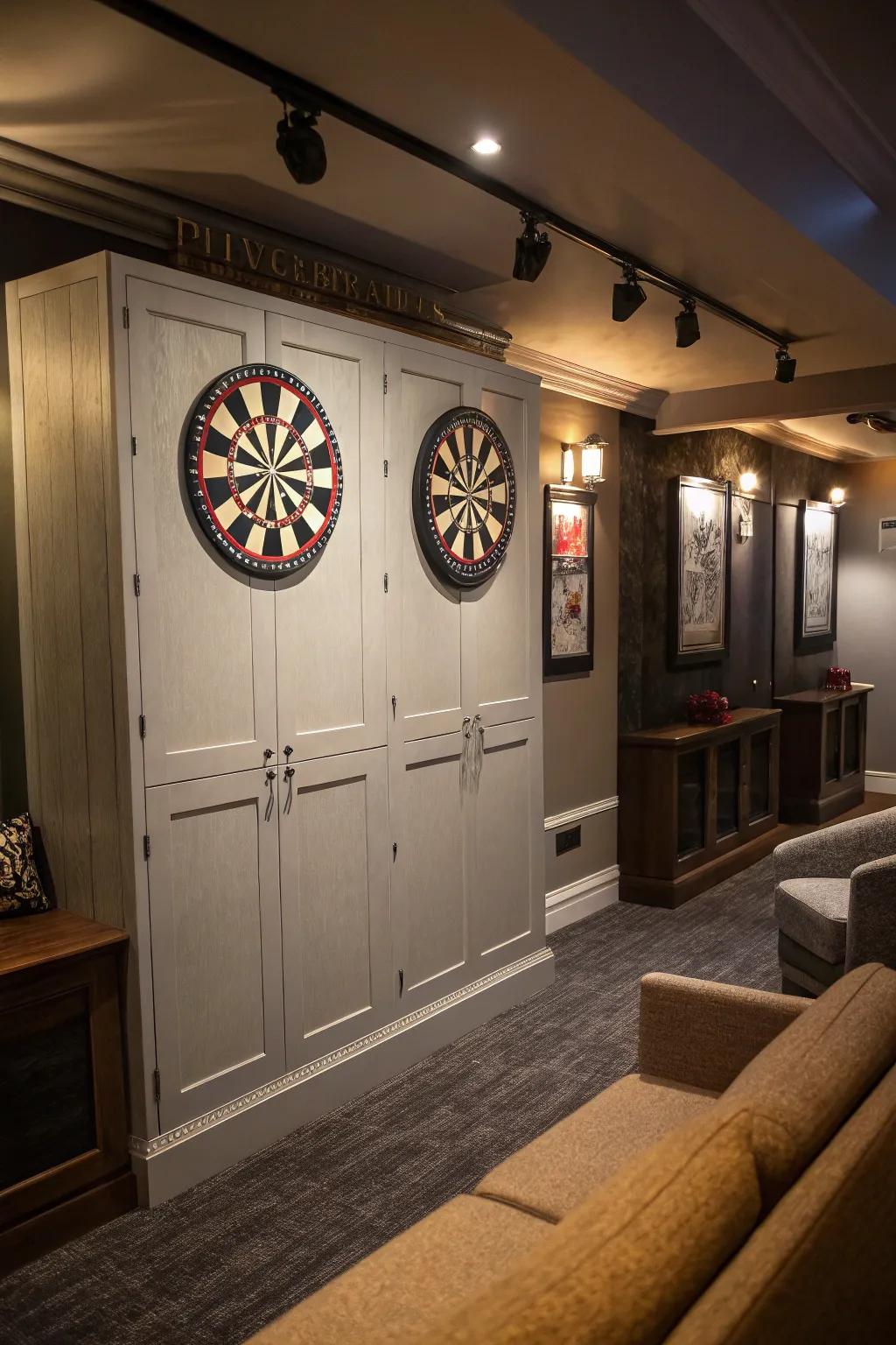 Hidden storage keeps your dart room tidy and clutter-free.