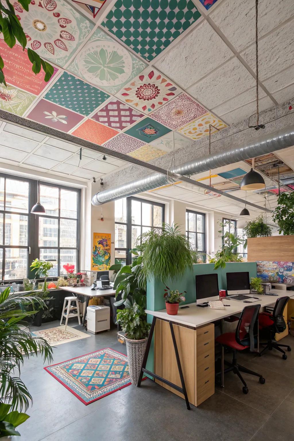 Achieve unique style through blended and matched ceiling squares.