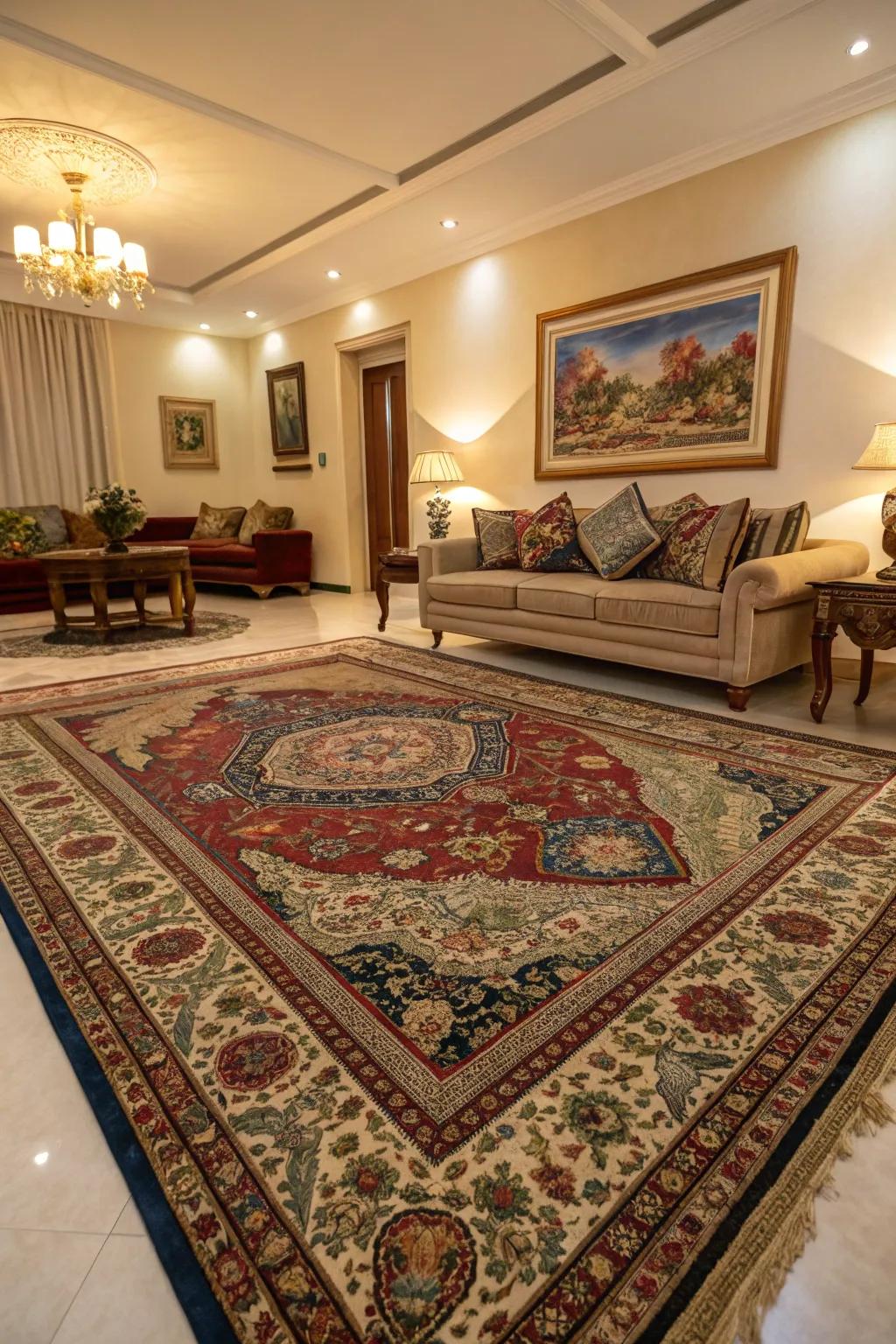 Anchor your room with an intricate decorative carpet.
