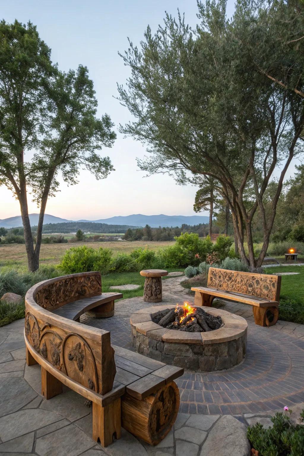 Artisan benches add a personalized touch to the fire pit setting.