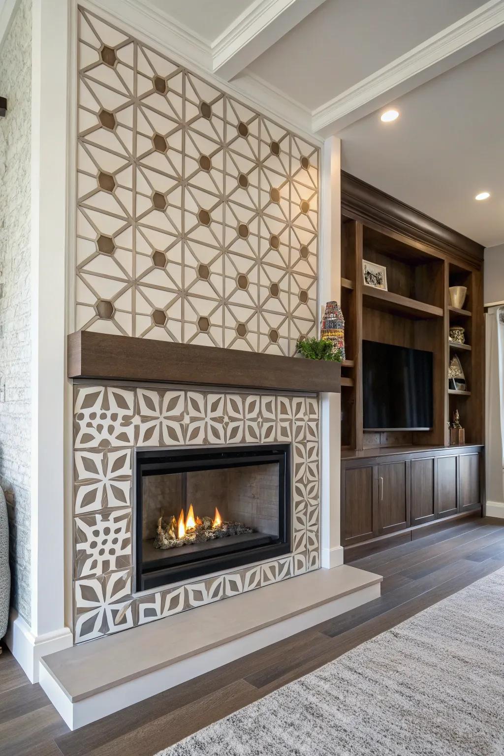 Shape-based designs add a modern twist to this fireplace.