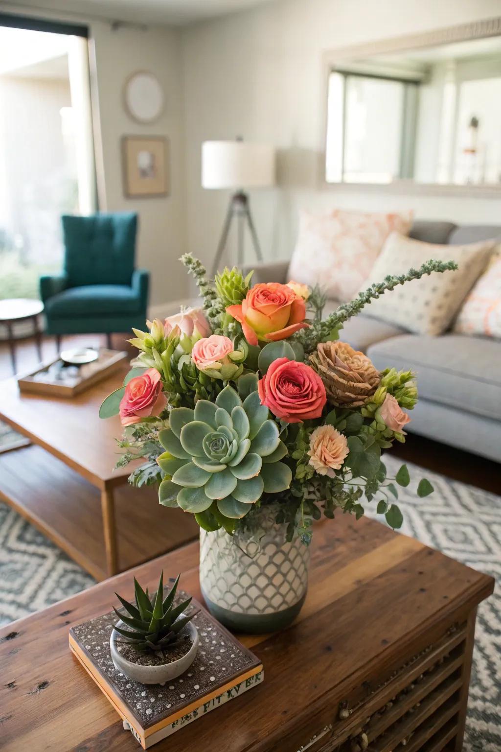 An unexpected bouquet of succulents and roses adding a modern touch to a living room.