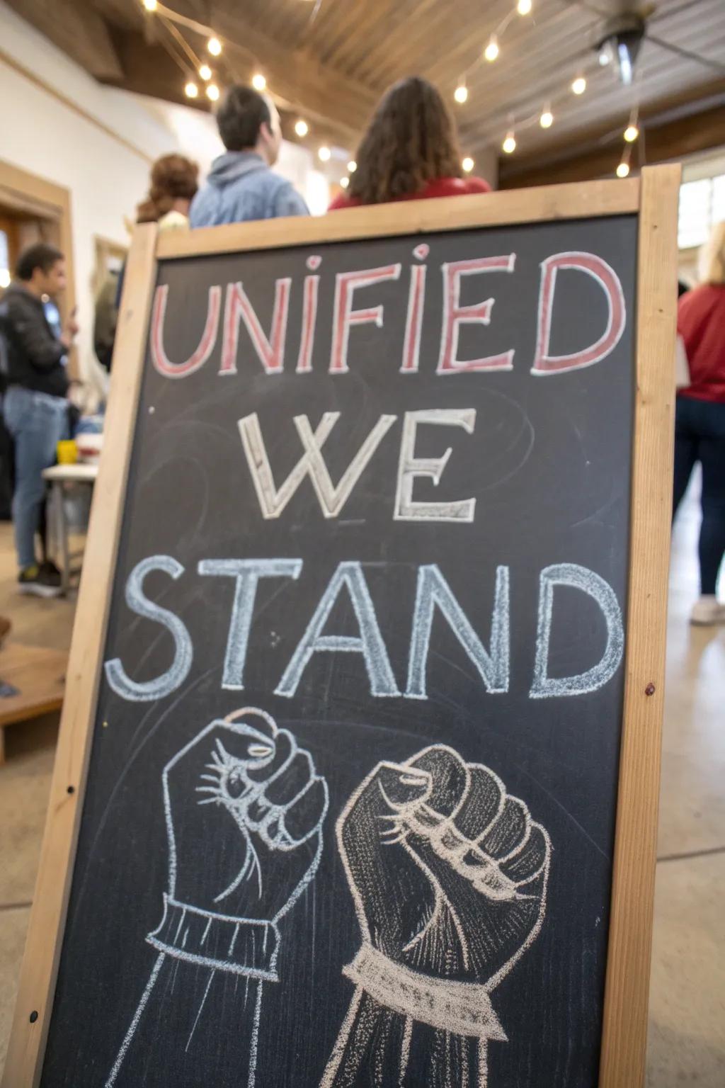 A heartfelt design reminding us of unity in chalkboard artistry.