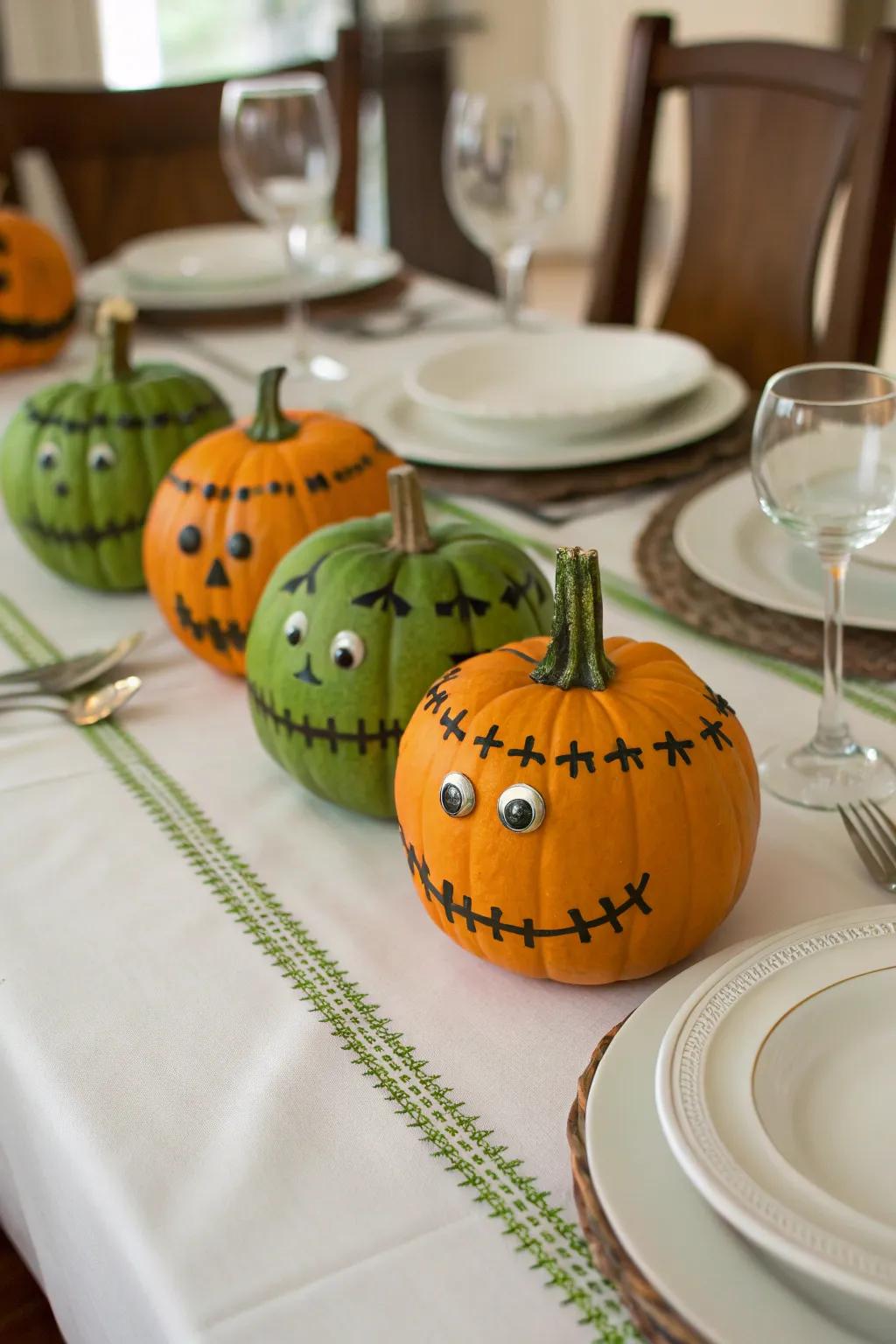 Minuscule Frankenstein pumpkins are conducive to a captivating and compact exhibit.