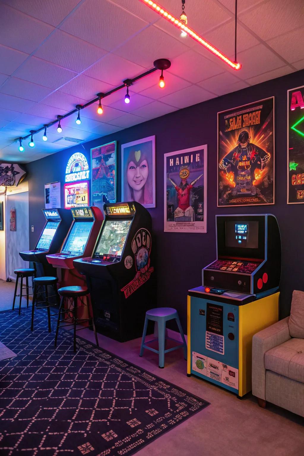 An arcade-themed gaming space evokes nostalgia and iconic gaming experiences.