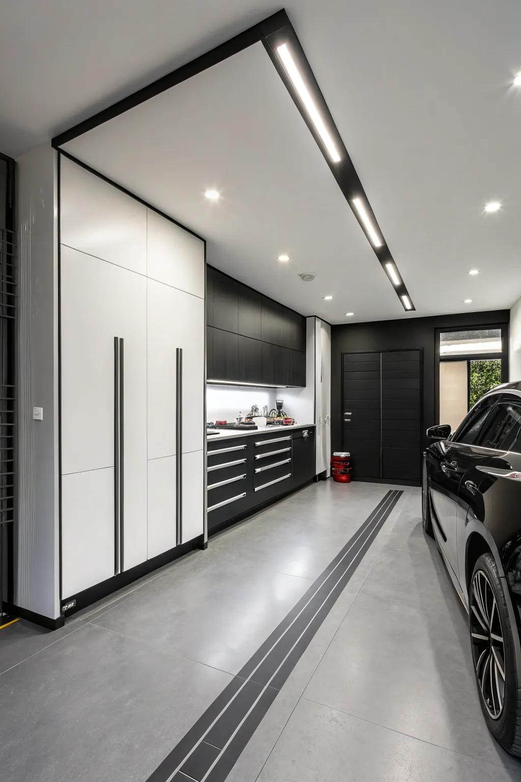 Charcoal and snow offers a timeless and sophisticated garage aesthetic.