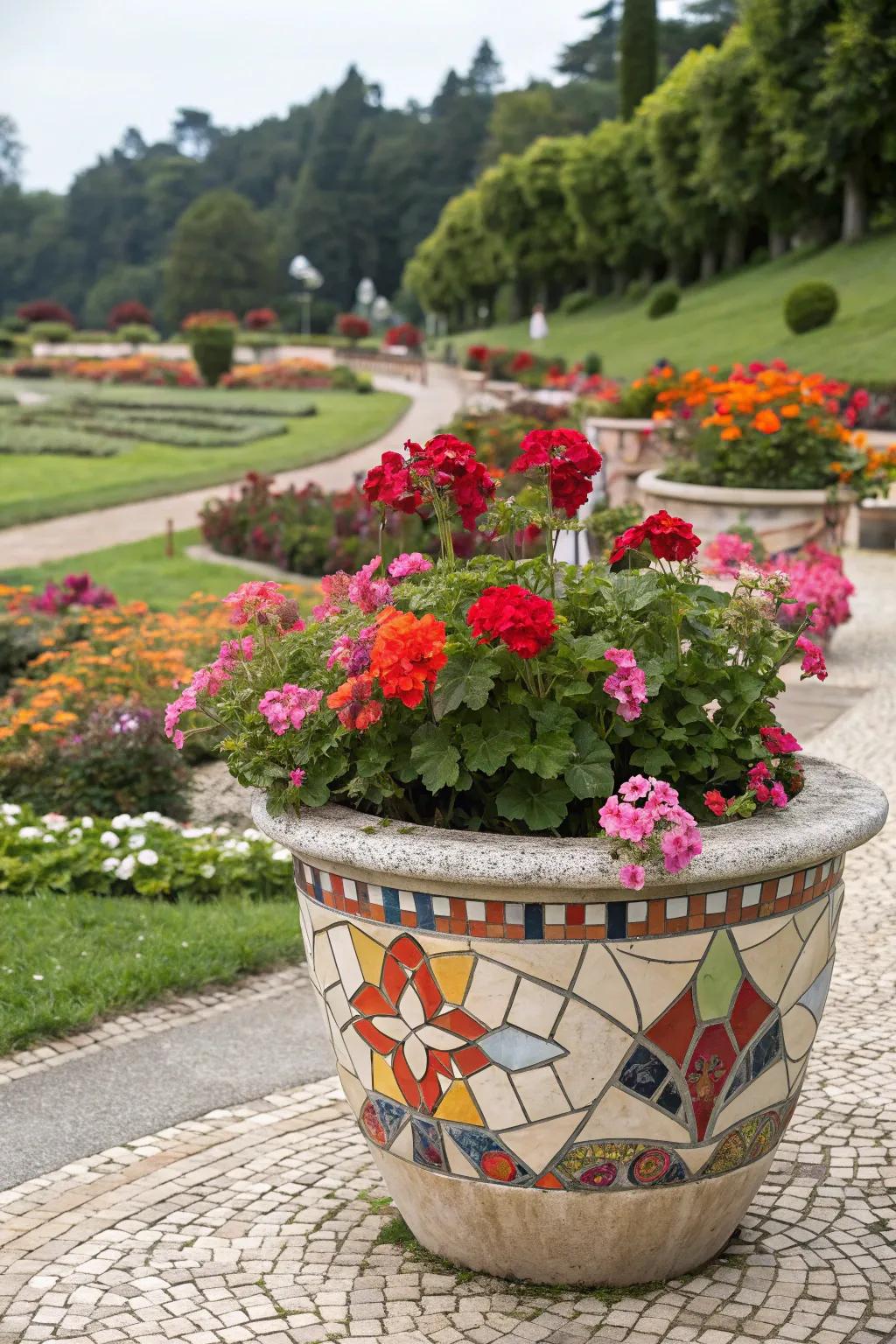 An artistic fragment pot serves as a vibrant and unique home for colorful geraniums.