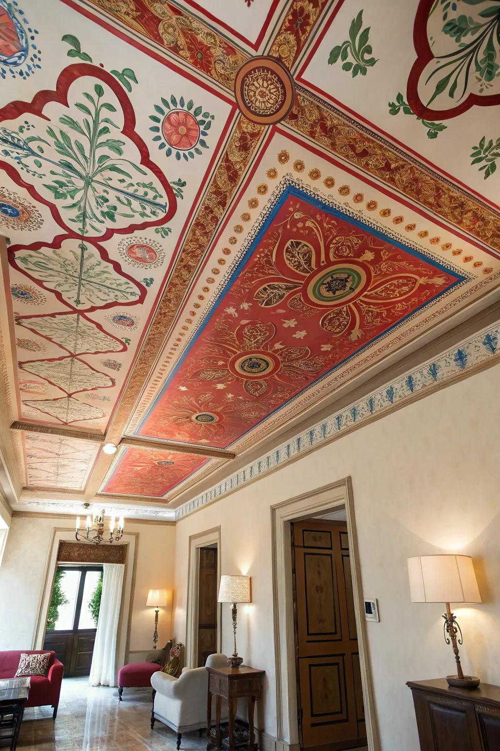 A statement ceiling adds a bold and unexpected focal point.