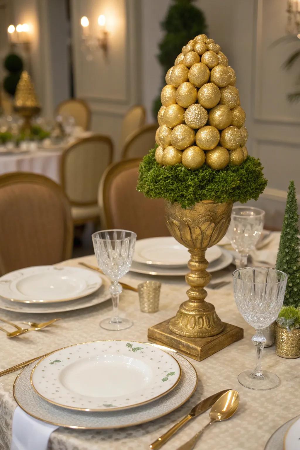 A gilded egg topiary proffers an attention-grabbing focal point that enriches any Easter aesthetic.