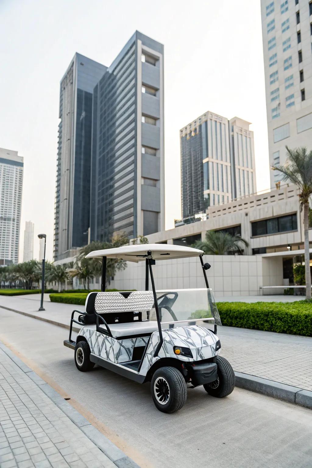 Achieve minimalist chic with sleek golf cart decorations.