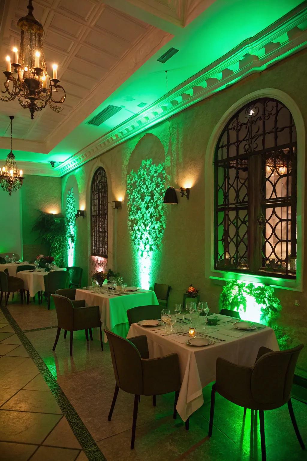 Green lighting makes the table glow magically.