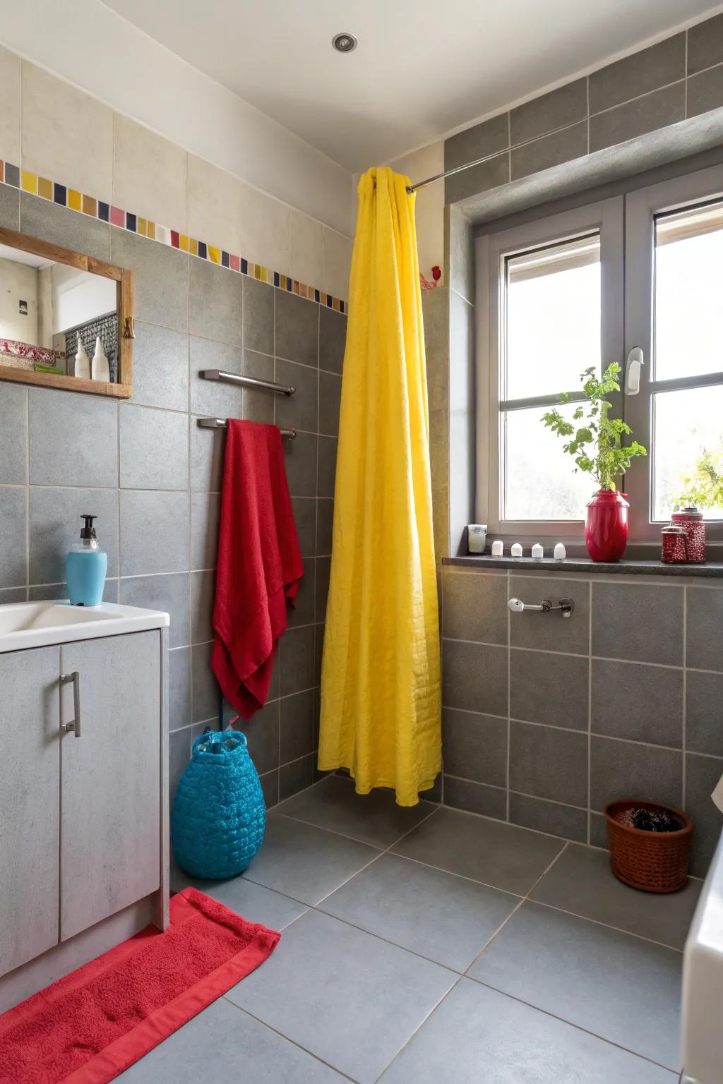 Bold colors bring a playful touch to the grey bathroom.