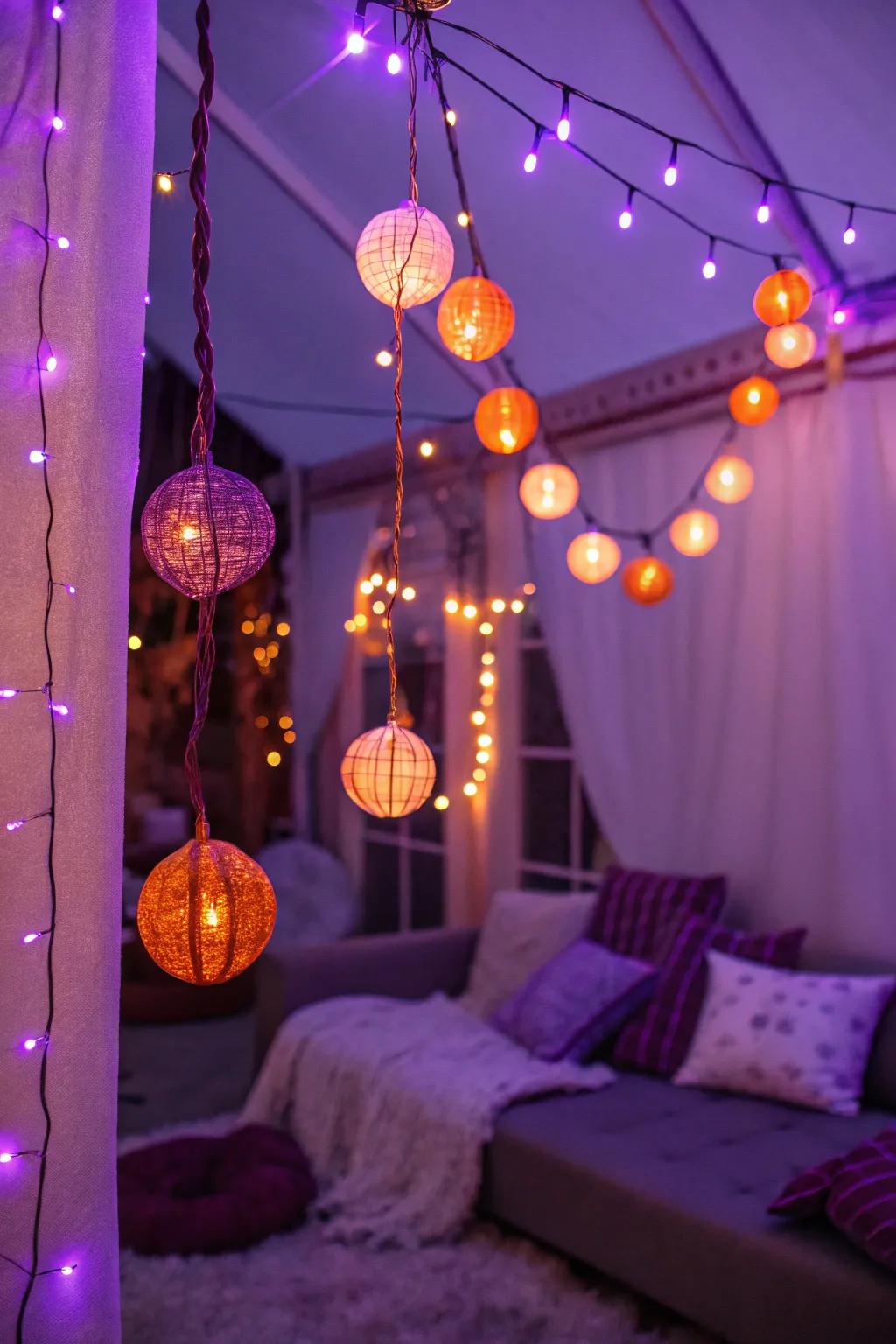 Purple and orange string lights cast a magical, festive glow