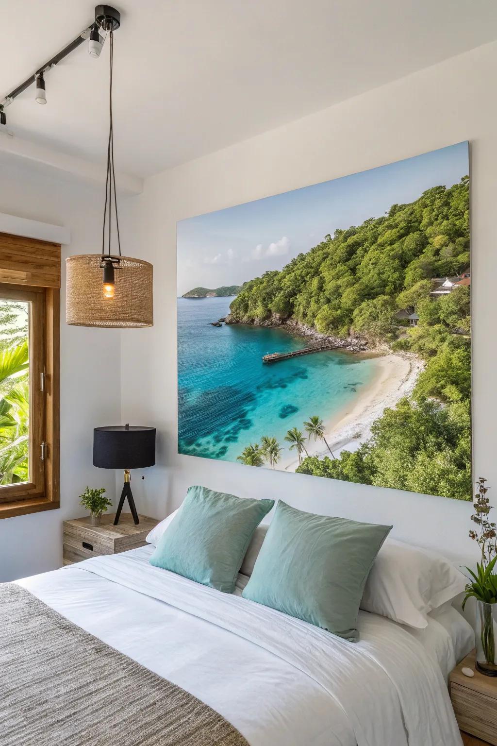 A tranquil island hideaway artwork attaching serenity to a bedroom.