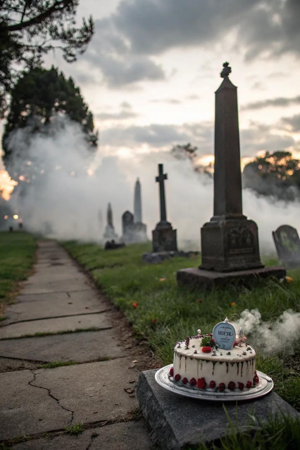 A mist-covered cemetery cake that is chillingly atmospheric.
