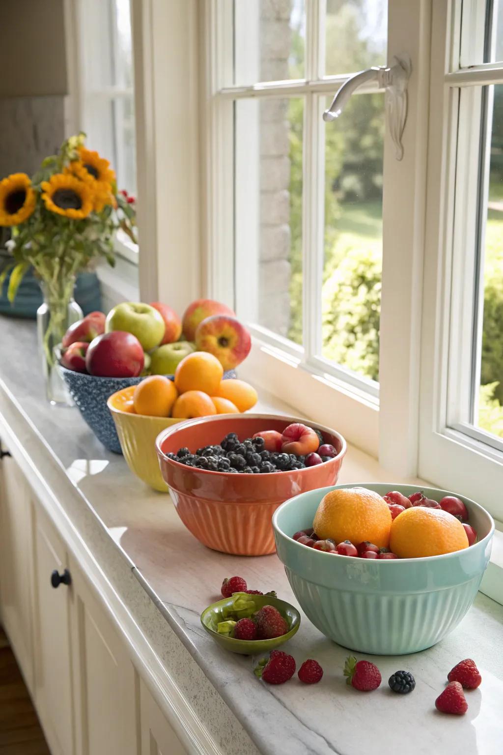 Fruit bowls append a splash of palette and vitality.