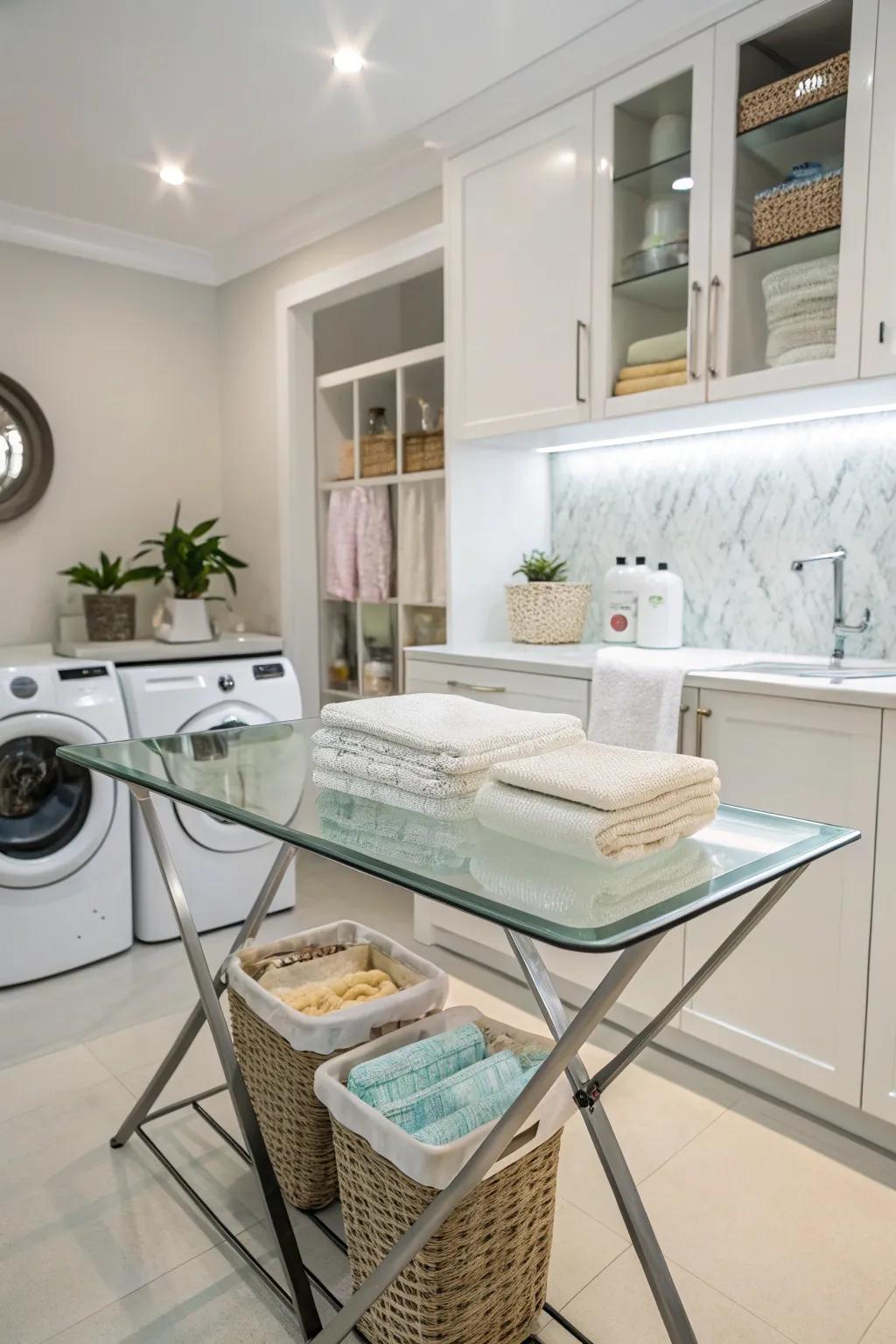 A glass tabletop enhances light and elegance.