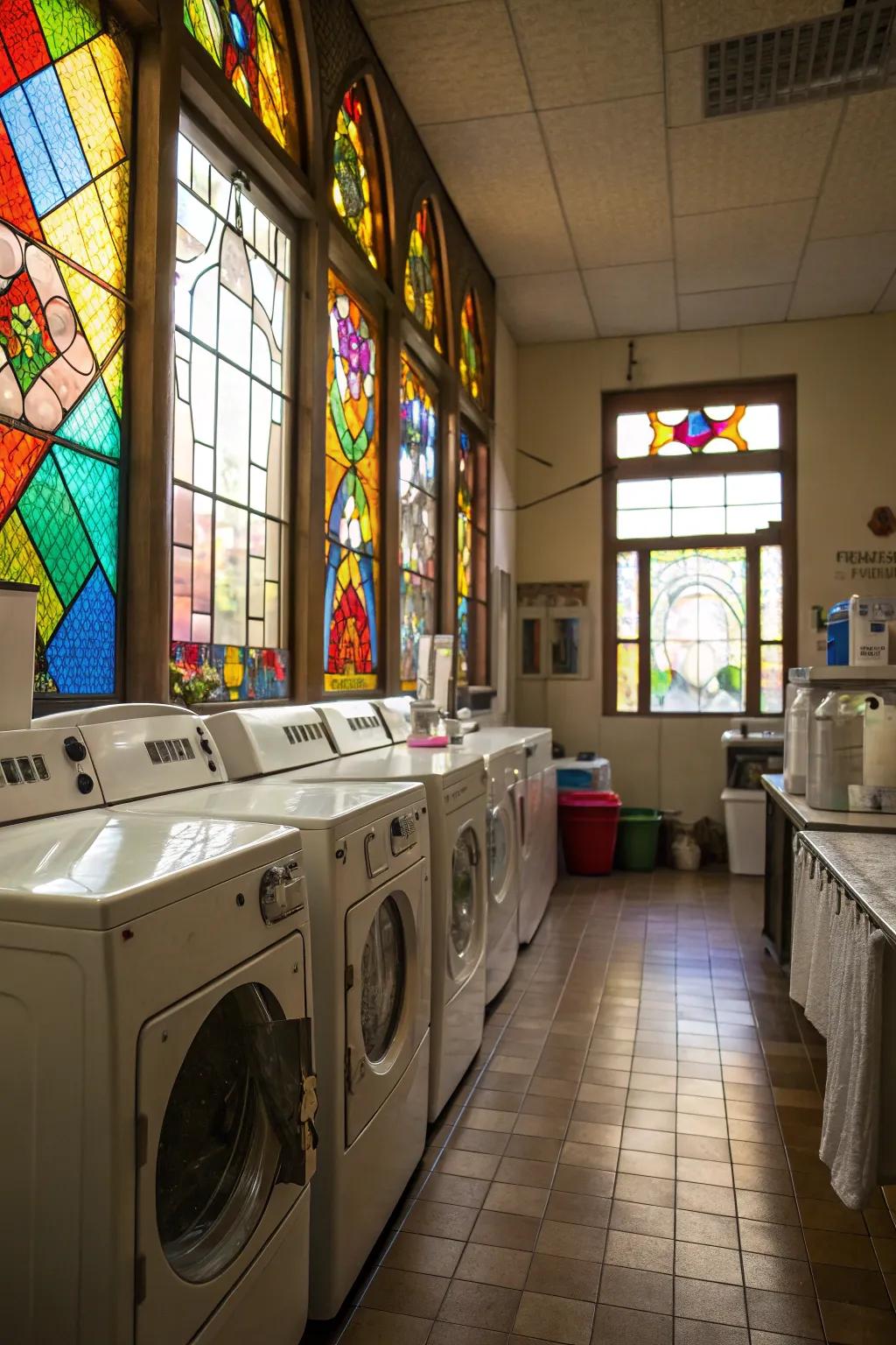 Colored glass turns windows into artistic features.